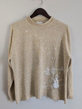 Vintage Carroll Reed High Neck Beige Holiday Sweater Snowman Decal Embroidery XL